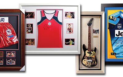 Four memorabilia frame samples